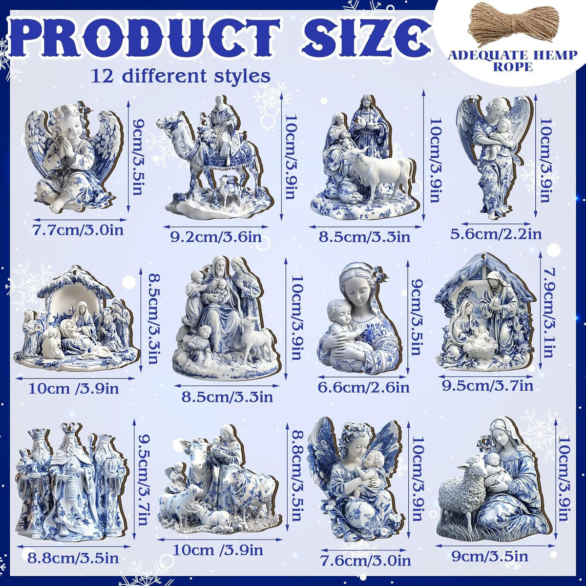 Suzile 36 Pcs Christmas Wooden Ornaments Nativity Scene Tree Decorations Vintage Blue and White