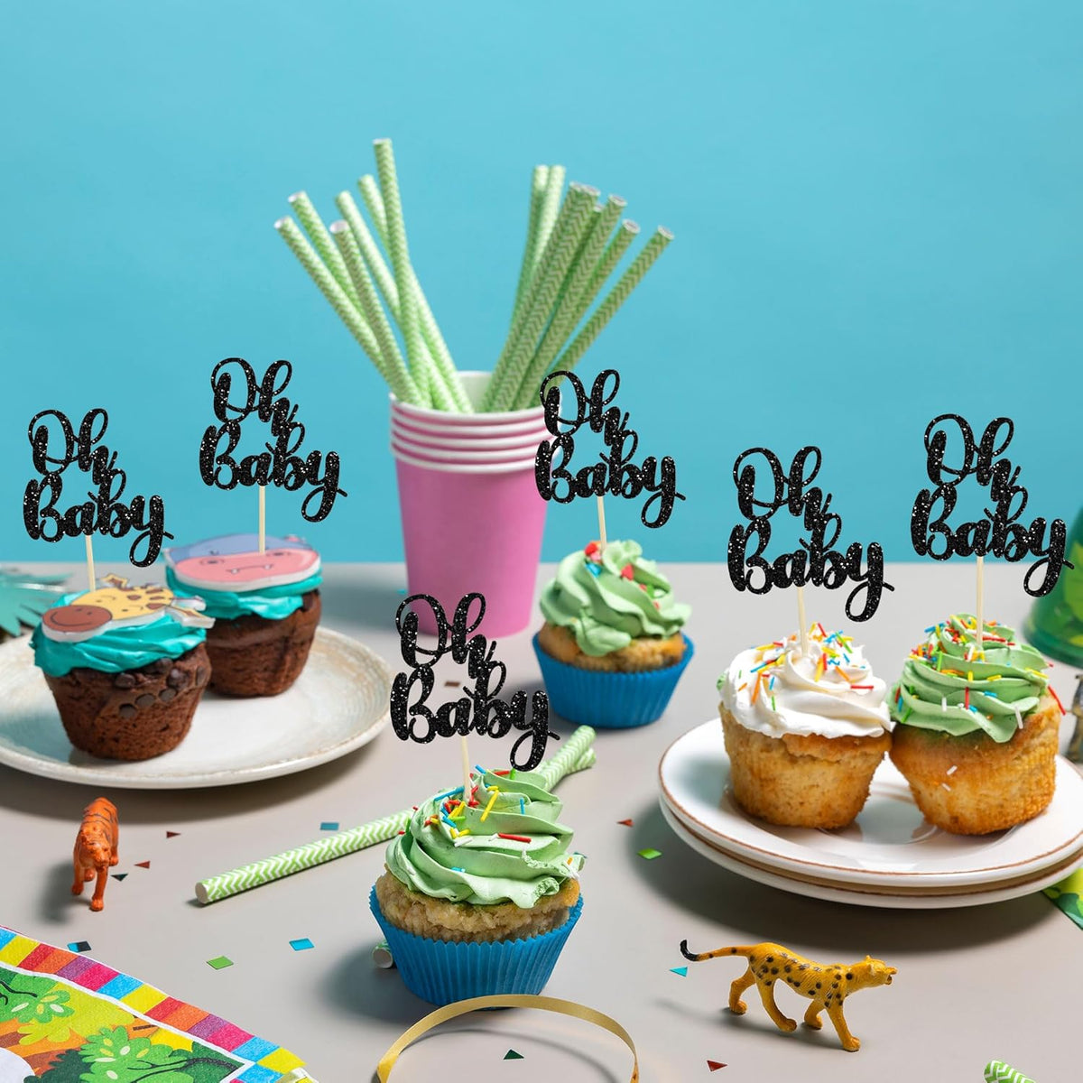 Gyufise 36Pcs Oh Baby Cupcake Toppers Glitter Baby Shower Cupcake Picks Oh Baby Cake Decorations