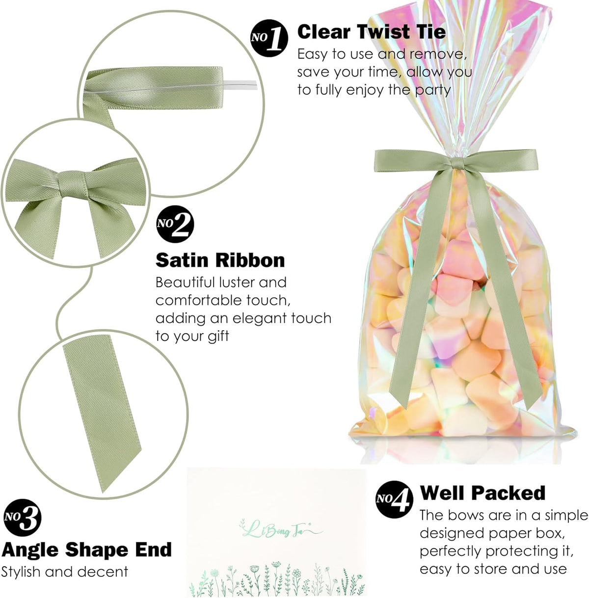50 PCs Sage Green Bow 5 Inch Long Tail Bows for Gift Wrapping, Wedding Bow Party Decorations, Twist