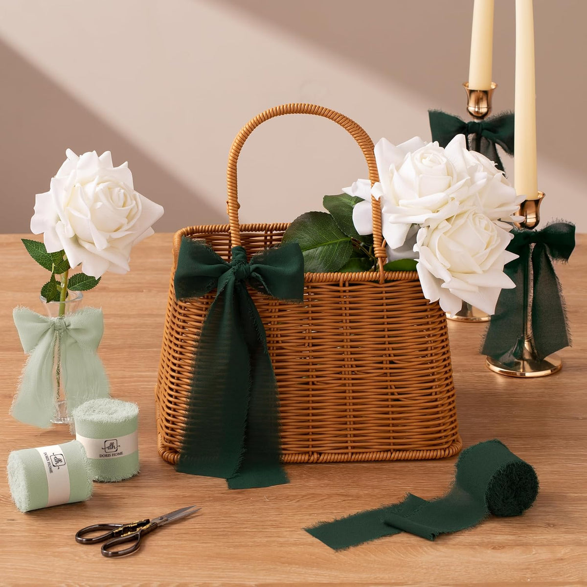DORIS HOME Dark Green Chiffon Ribbon for Flower Bouquet, 2" x21Yd Fabric Ribbon for Gift Wrapping