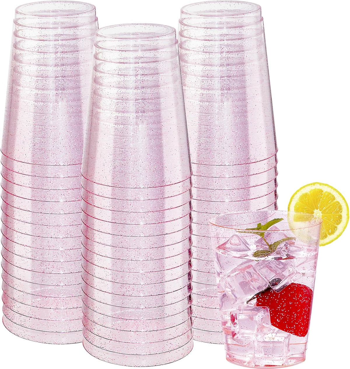 DaYammi 100 Pack 10oz Pink Plastic Cups, Premium Disposable Rose Gold Glitter Plastic Cups for