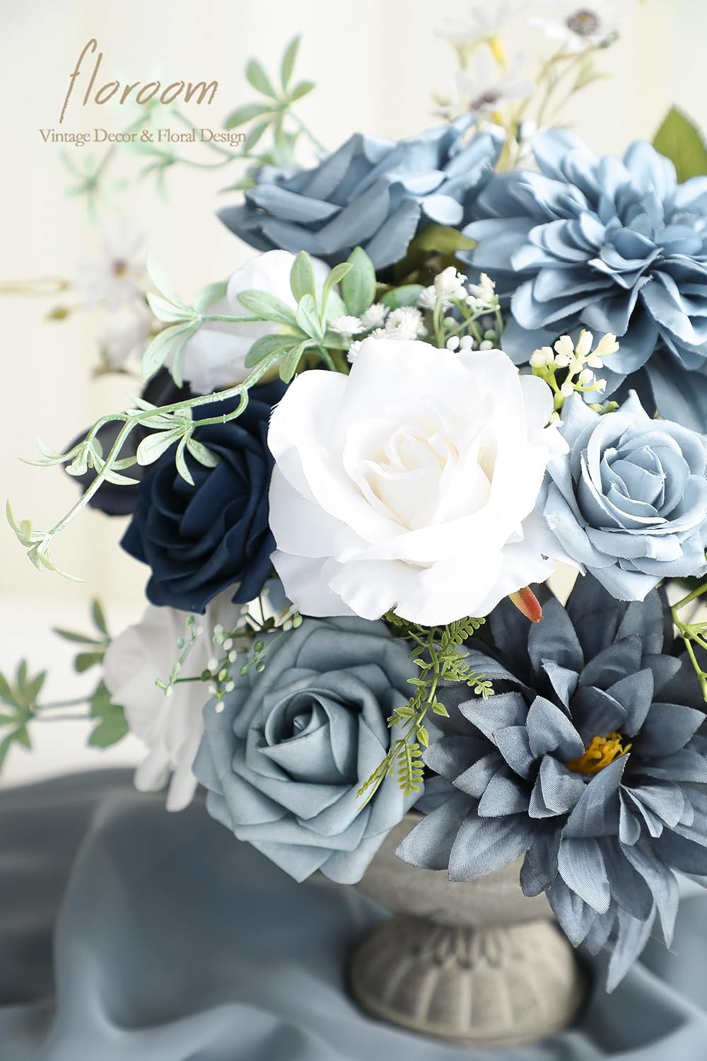 Floroom Dusty Blue Navy Artificial Flowers Fake Roses Peonies Dahlias and Greenery Combo Box Set