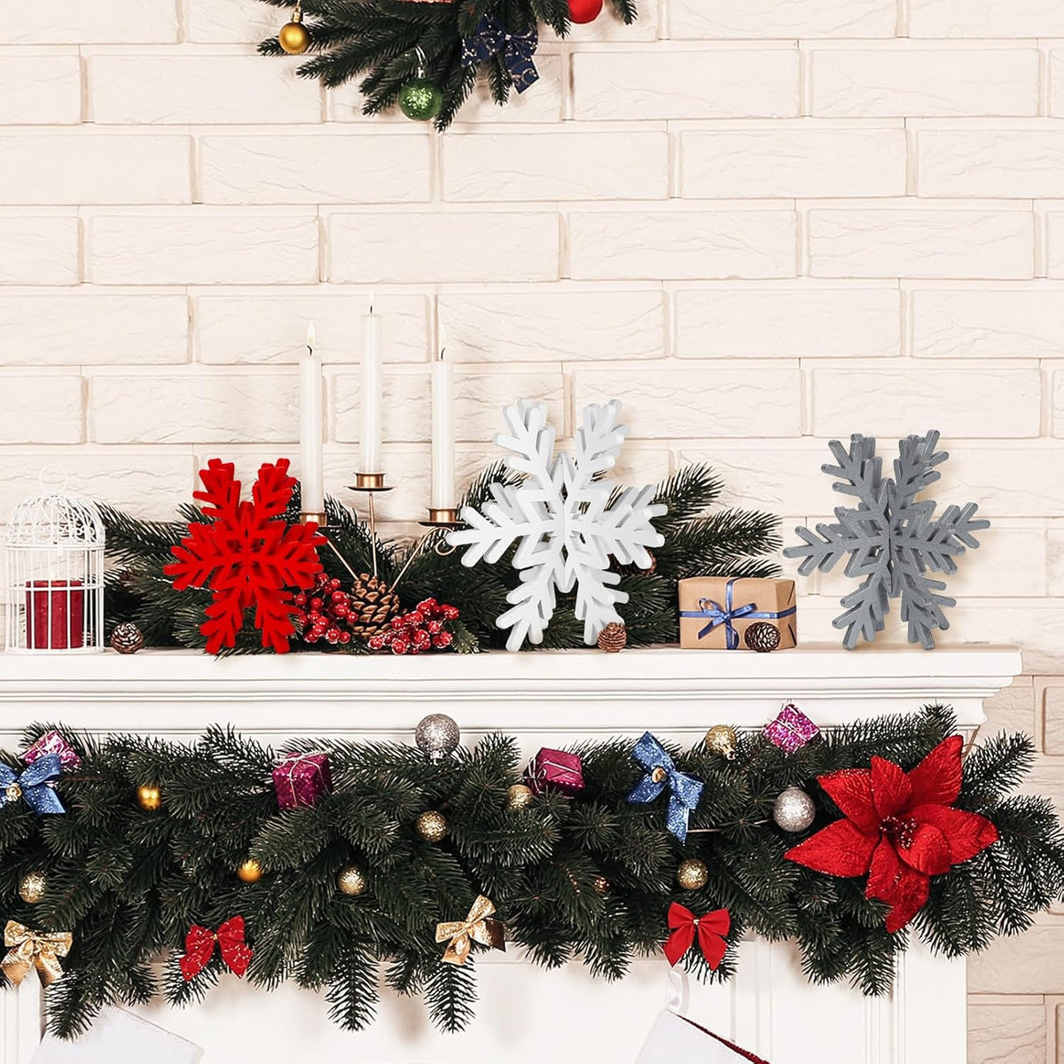 Qunclay 20 Pcs Wooden Snowflake Decorations 3D Snowflake Tabletop Decor Christmas Signs and