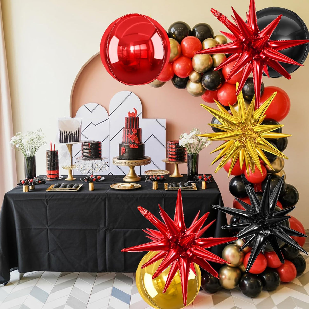 6Pcs Black Red Gold Foil Balloons,22Inch Black Gold Red 4D Round Ball Balloon and Explosion Star