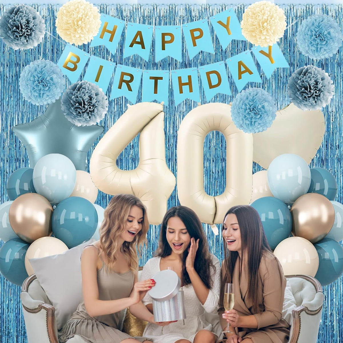 Dusty Blue 40th Birthday Party Decorations for Women Men Beige Cream Number 40 Balloon with Blue
