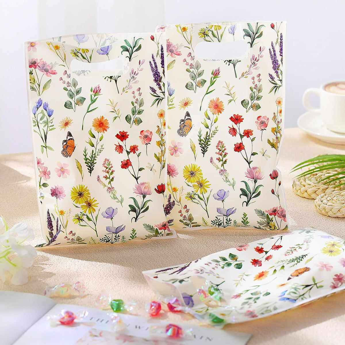 100 Pcs Wildfloral Gift Bags Vintage Wildflower Party Favor Bag with Handle Wildfloral Plastic