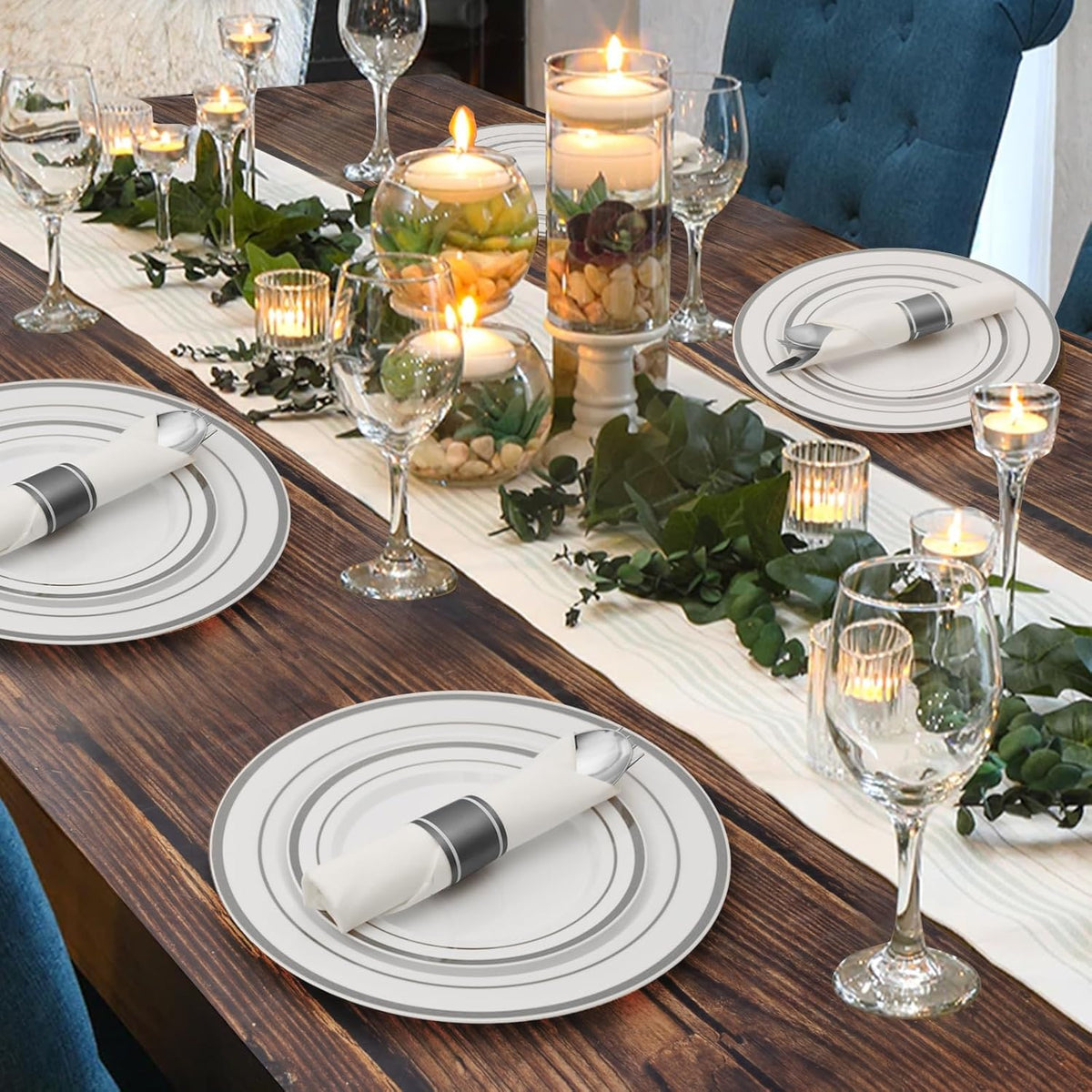 Goodluck 700 Piece Silver Plastic Dinnerware Set for 100 Guests, Disposable Plates for Party