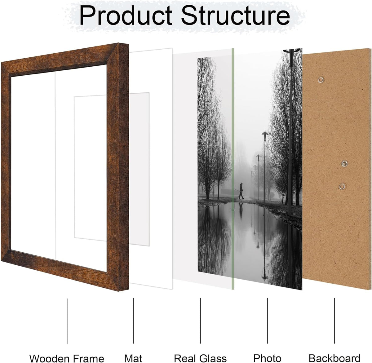 11x14 Picture Frame Set of 4 with Tempered Glass, Rustic Frame Display 8x10 Pictures with Mat or 11