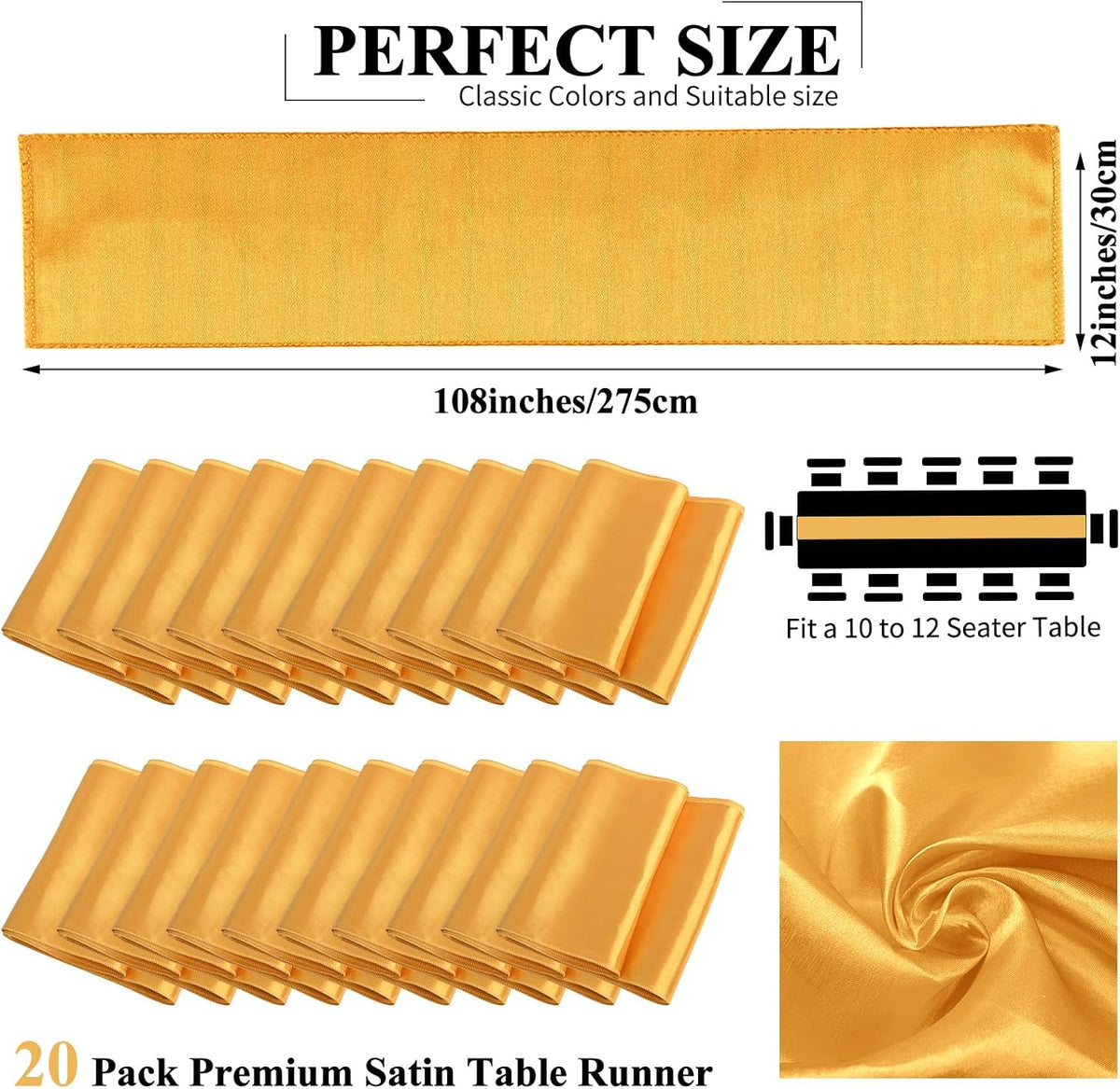 20 Pack Gold Satin Table Runner,12 x 108 inch Long Premium Smooth Gold Table Runners for Wedding