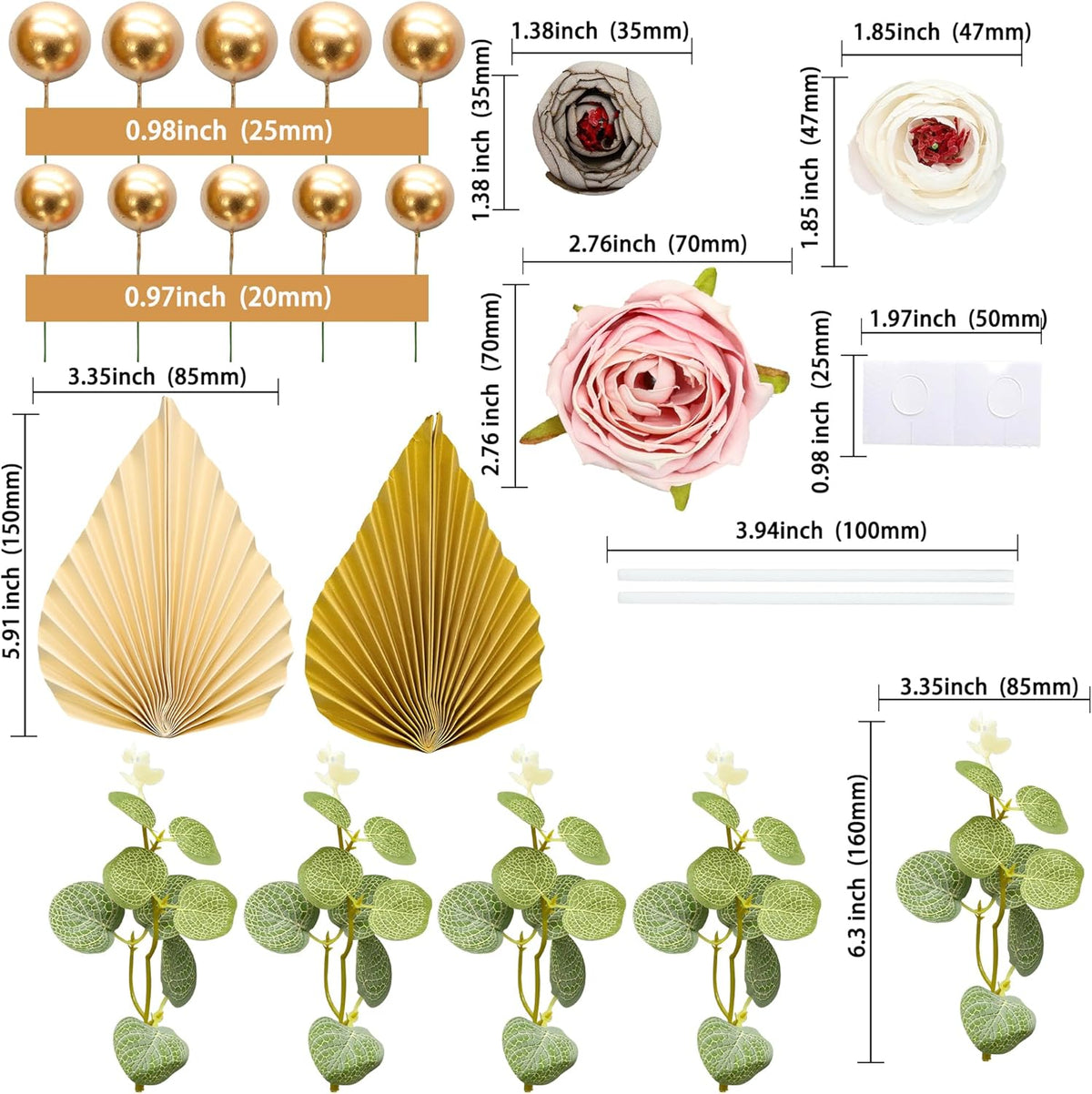Gyufise 22Pcs Rose Artificial Flower Leaves Cake Topper Decorations Gold Balloon Cake Toppers Leaf