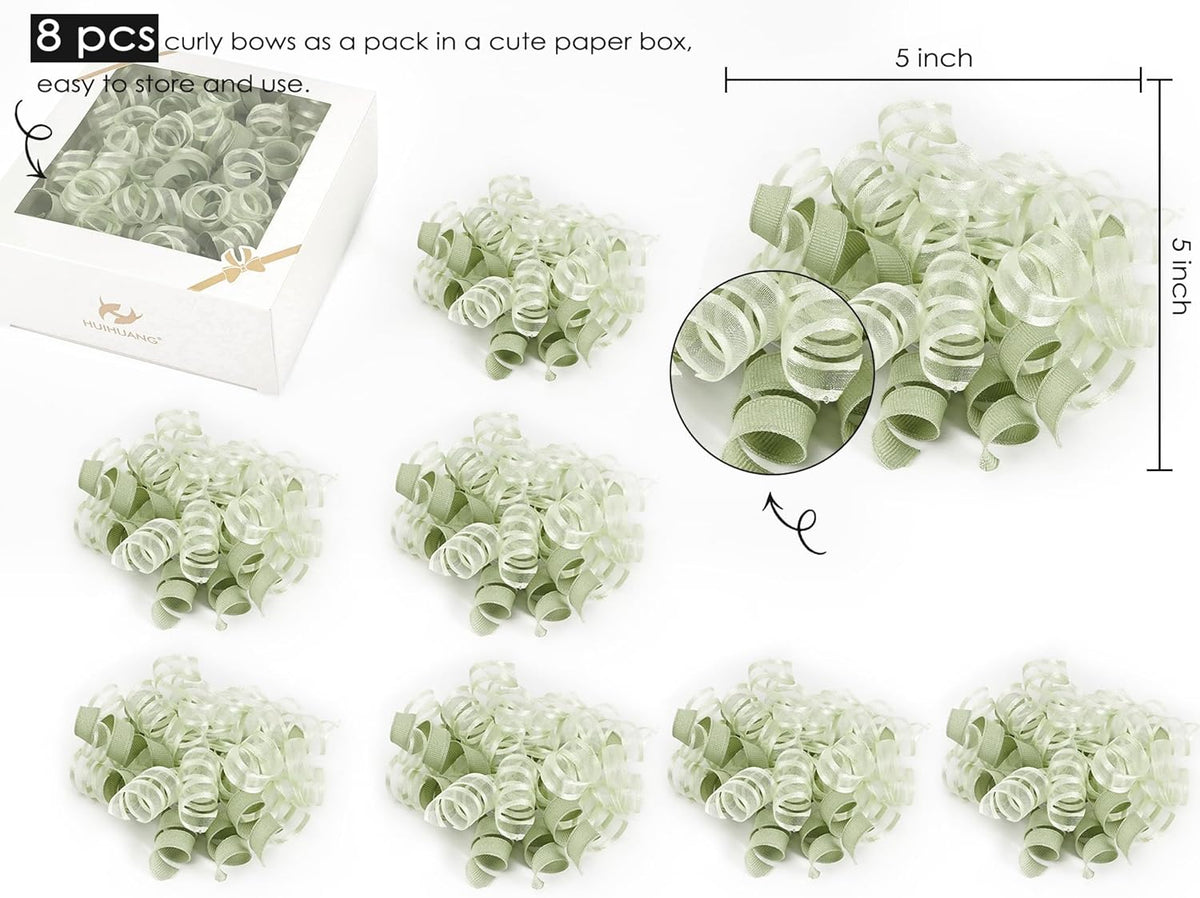 HUIHUANG Green Bows for Gift Wrapping Sage Green Gift Bows 5 inch x 8 Counts Self-Adhesive Curly
