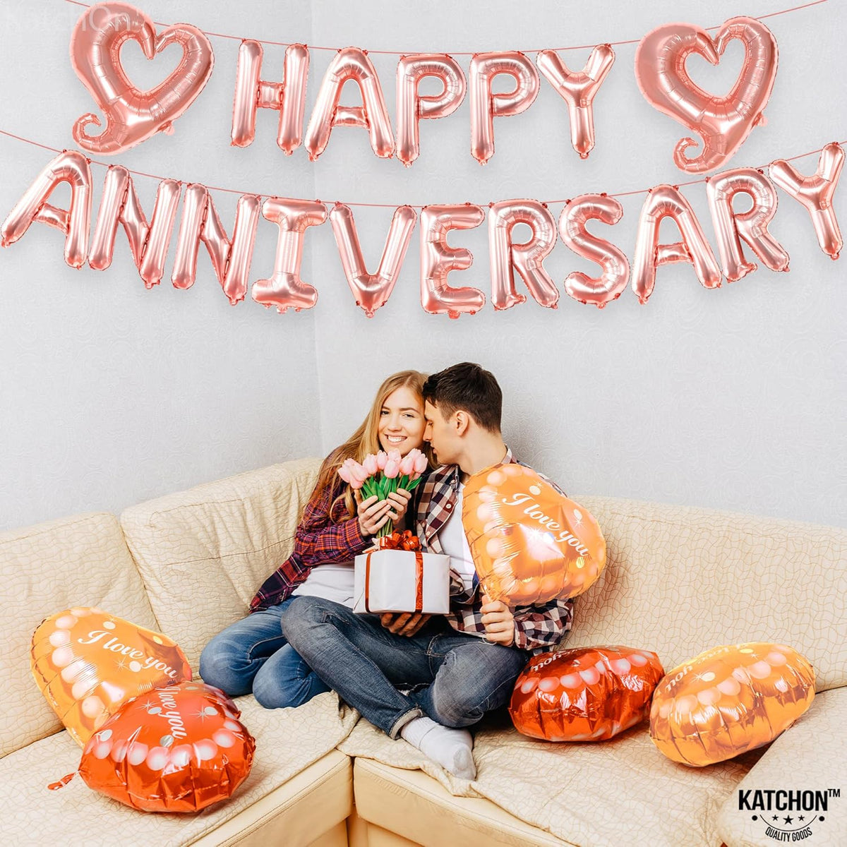 KatchOn Rose Gold Anniversary Balloons - 18 inch Letters, Hook Heart | Rose Gold Anniversary Banner