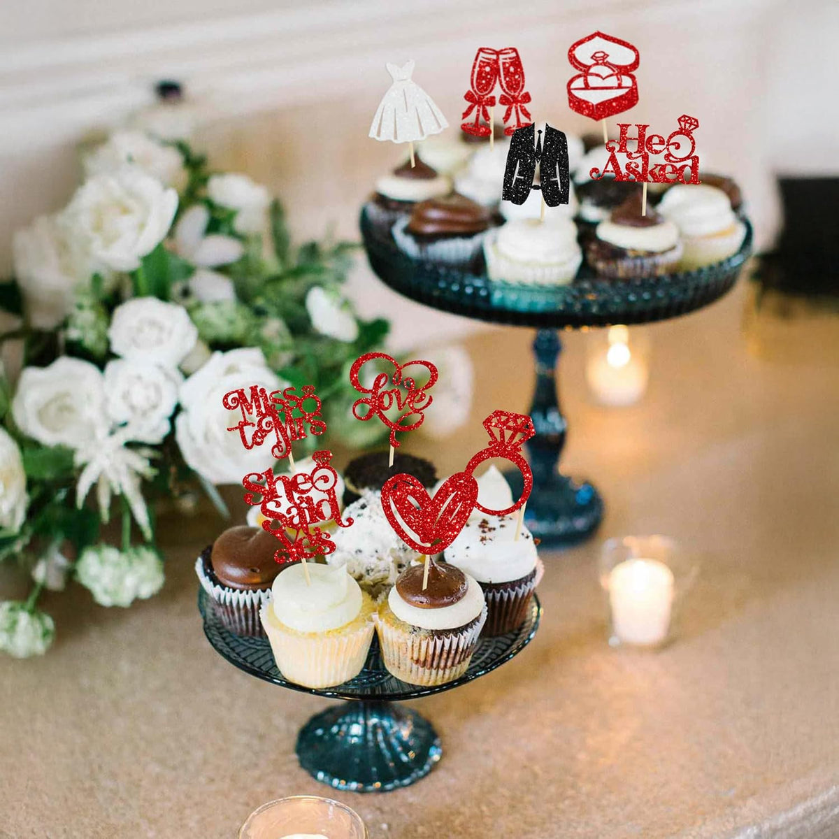 Gyufise 30Pcs She Said Yes Cupcake Toppers Glitter Diamond Ring I Do Love Cupcake Picks Miss to Mrs