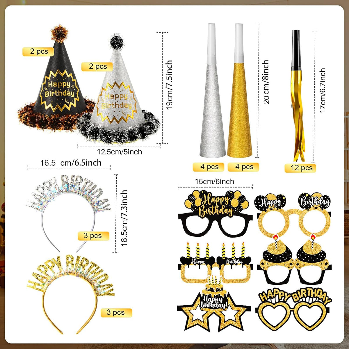 Sratte 36 Pcs Black Gold Style Birthday Party Favors Set Happy Birthday Hat Headband Glasses Noise