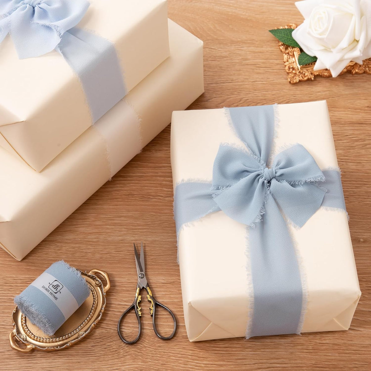 DORIS HOME Dusty Blue Chiffon Ribbon for Flower Bouquet, 2" x21Yd Fabric Ribbon for Gift Wrapping