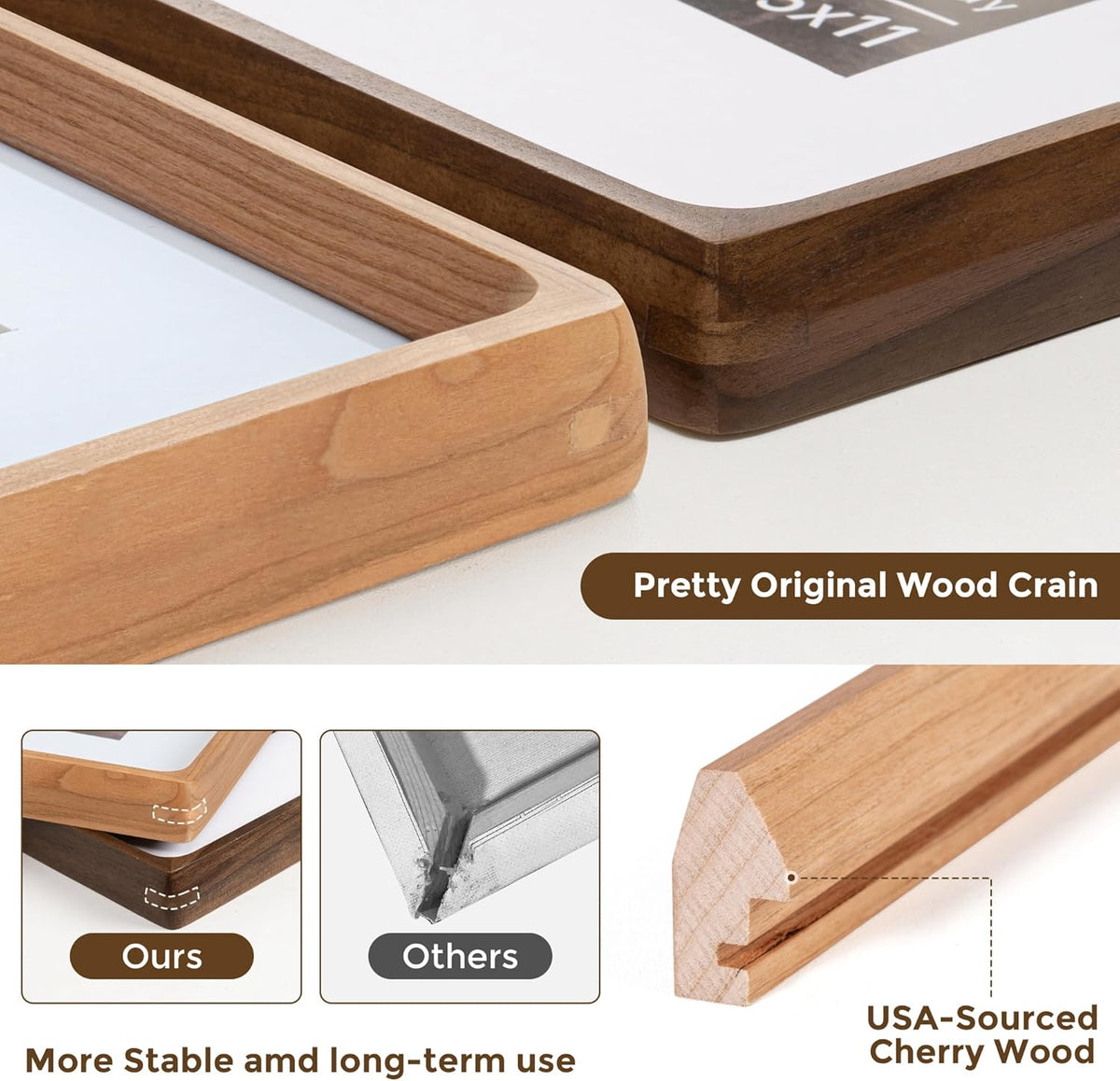 9x12 Picture Frame USA-Sourced Natural Cherry Wood Solid Original Wood Photo Frame Rounded Corner