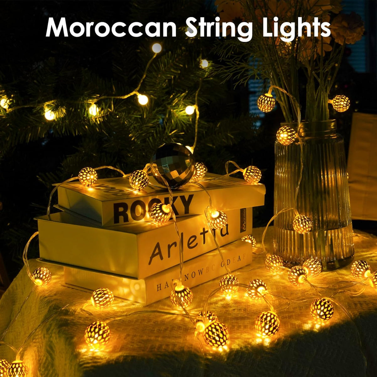 LORRYTE Moroccan String Lights Outdoor Battery Operated, 60 LED 36 FT Globe Fairy Lights with 8