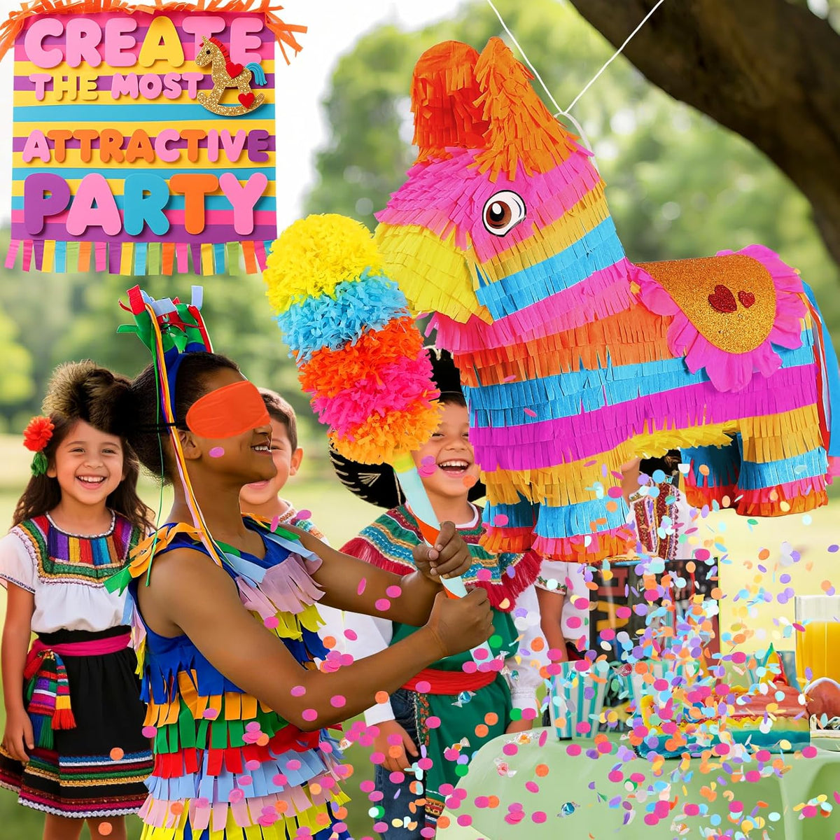 Cinco De Mayo Donkey Pinata with 24" Stick and Rope | Large Rainbow Piñata Decorations for Birthday
