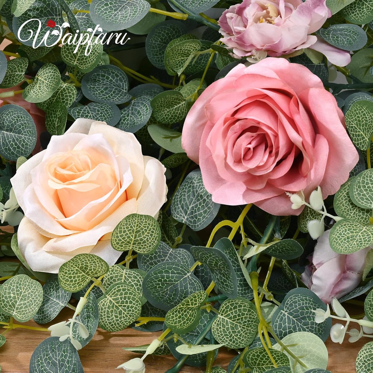Waipfaru Artificial Flower Garland with Lights, 6.07Ft Lighted Eucalyptus Greenery Garland, Pink