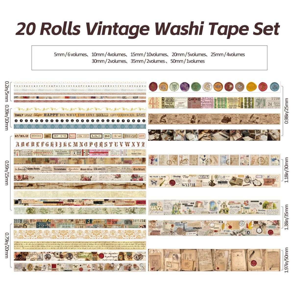 20 Rolls Vintage Washi Tape Set, Floral Letter Butterfly Mushroom Botanical Flower Writable