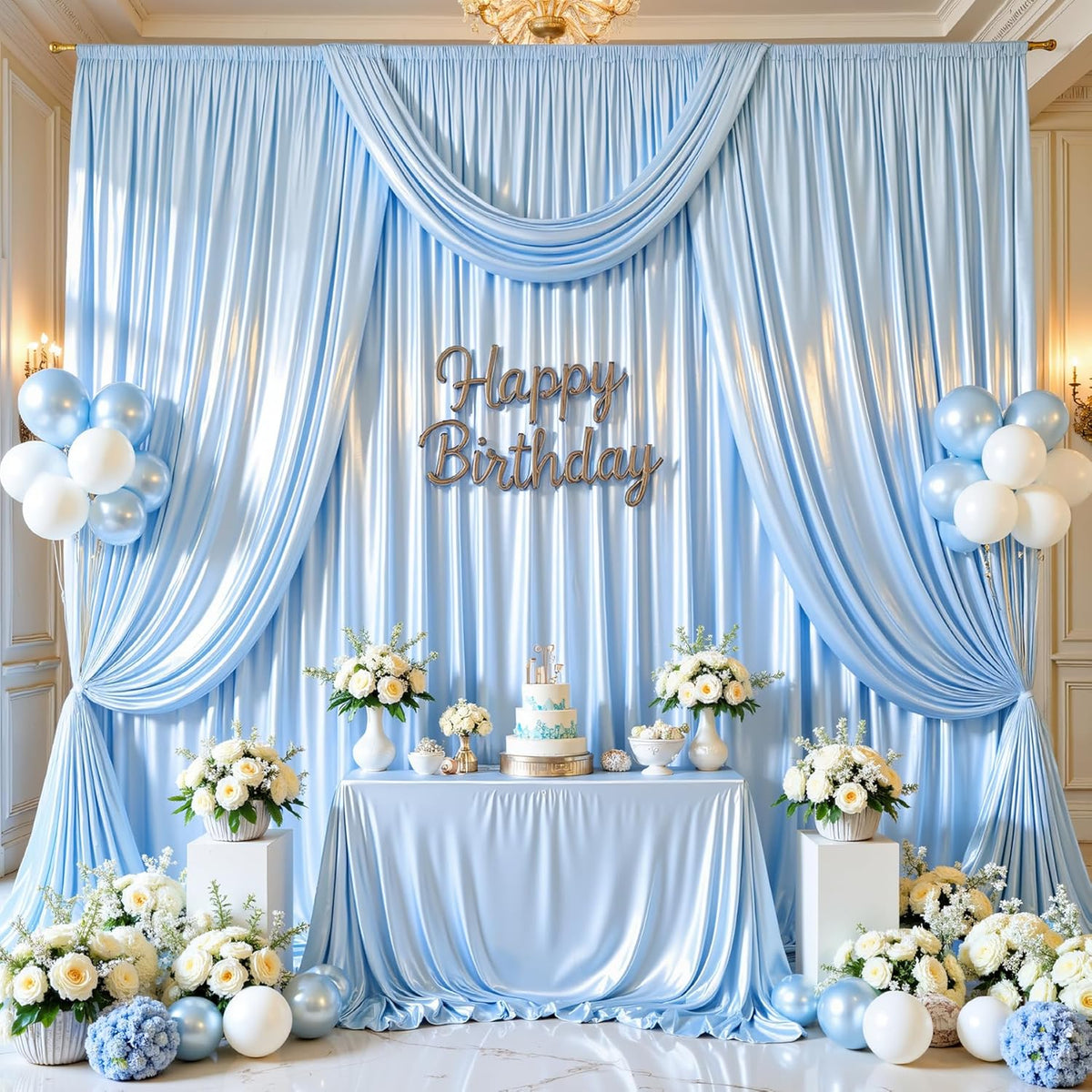 Blue Glitter Backdrop Curtain for Parties Wedding,10Ft x 10Ft Satin Shimmer Photo