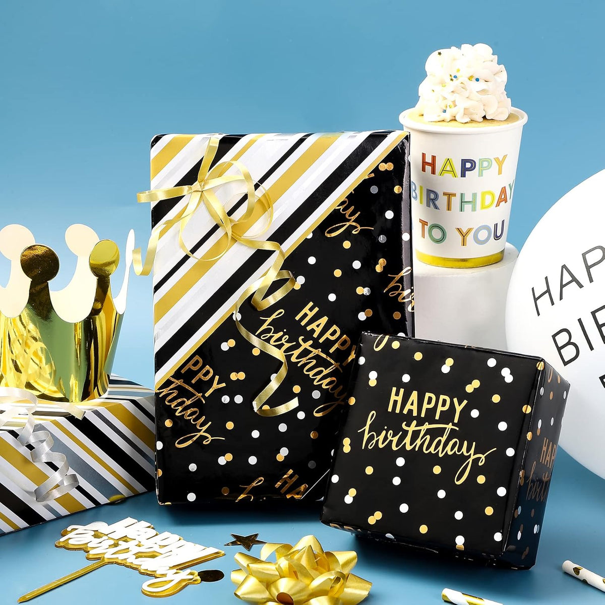 LeZakaa Reversible Black Birthday Wrapping Paper Roll for Boys Men, Happy Birthday Lettering &