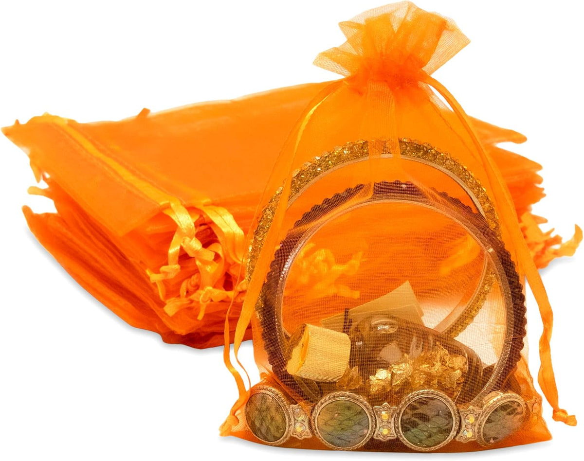 TheDisplayGuys 48-Pack 3x4 Orange Sheer Organza Gift Bags with Drawstring, Jewelry Candy Treat
