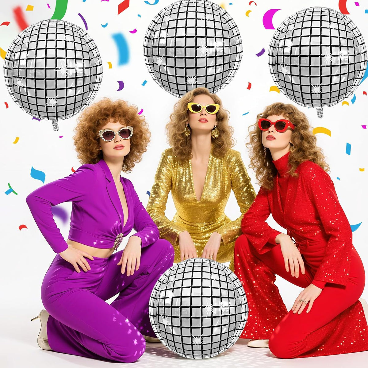 Disco Ball Balloons 4PC,Foil Disco Balloons 22 Inch 4D Round Metallic Silver Balloon for 70s 80s