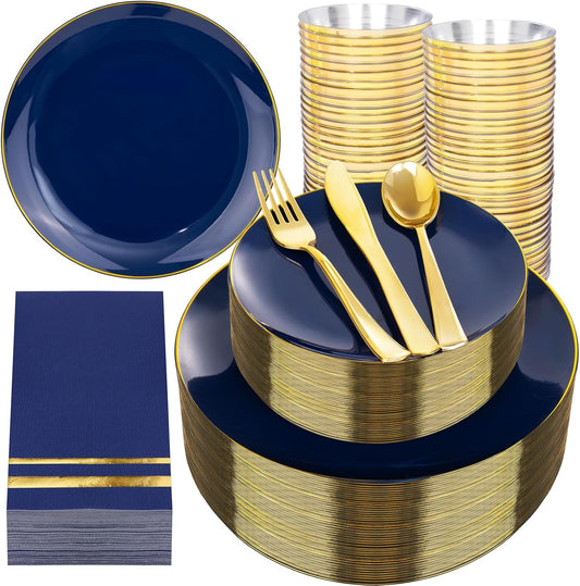 NOCCUR 350PCS Navy Blue Plastic Plates - Blue Disposable Dinnerware Set for 50 Guests, 100