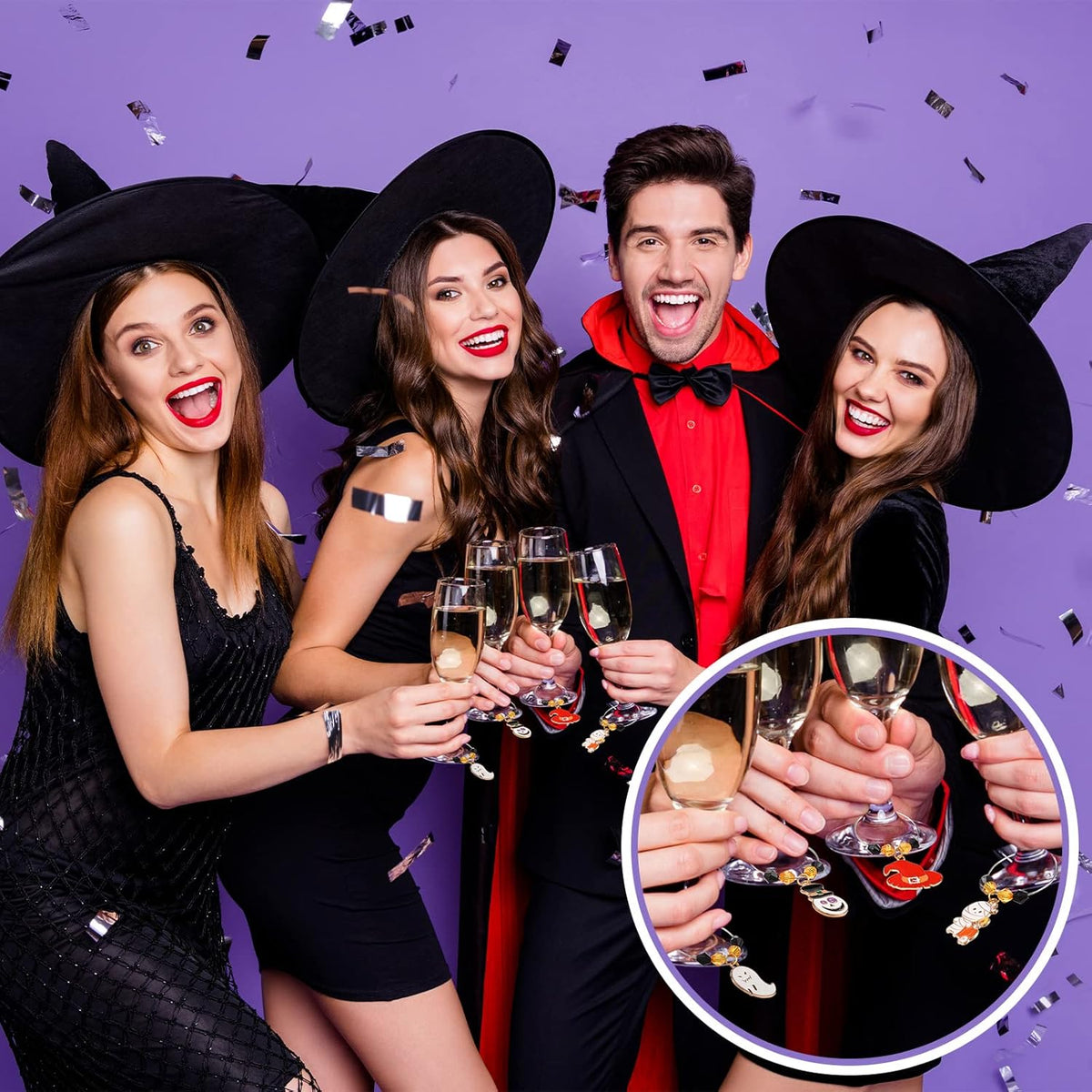 Inbagi 24 Pcs Halloween Wine Glass Charms Halloween Enamel Wine Charms Pendant Pumpkin Witch Hat