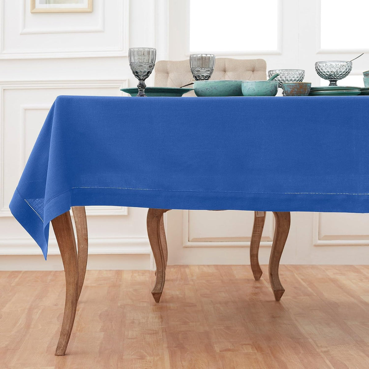Solino Home Linen Square Tablecloth 52 x 52 Inch - 100% Pure Linen Royal Blue Table Throw - Classic