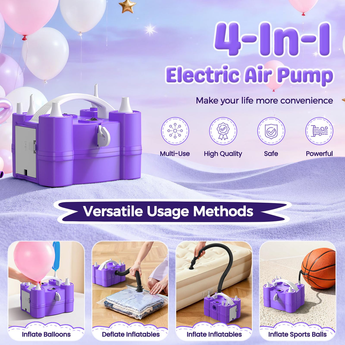 Electric Balloon Pump, 4-in-1 Triple Nozzles for All Balloons - Purple