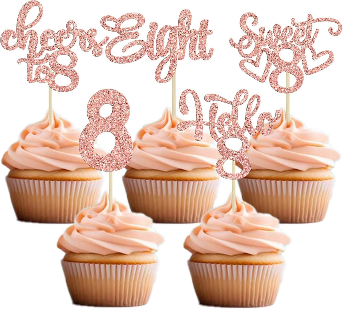 30Pcs 8th Birthday Cupcake Toppers Glitter Eight Hello 8 Cupcake Picks Cheers to 8 Years Old Cake