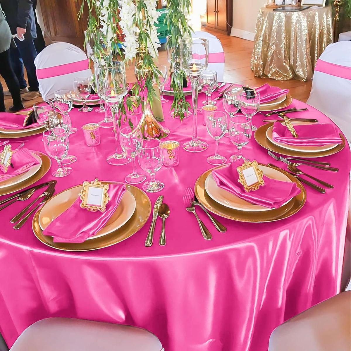 fani 12 Pack 120 Inch Hot Pink Satin Tablecloth - Silky Round Tablecloth Overlay Smooth Fabric