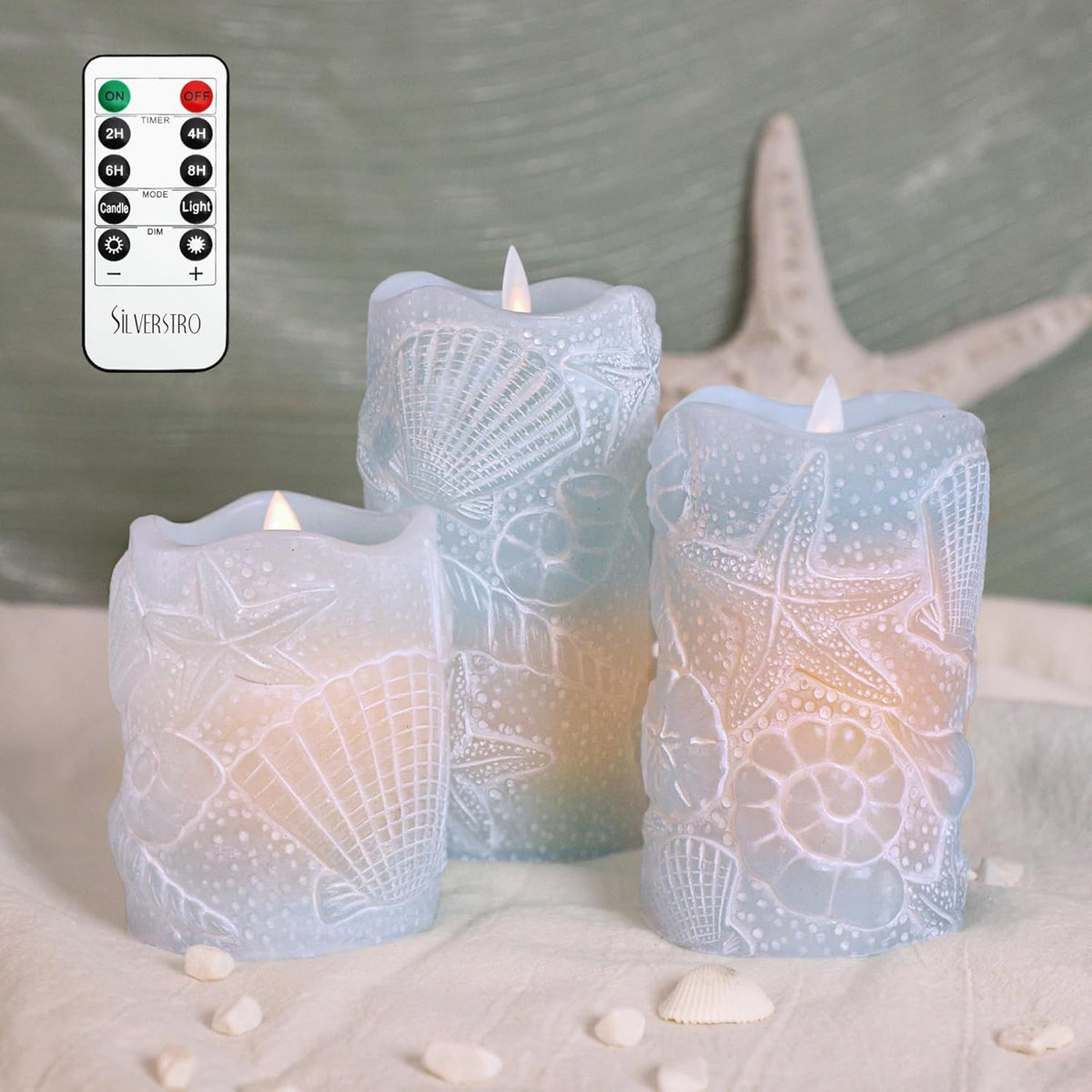 Silverstro Ocean Flameless Candles Remote Carved Seashell Real Wax Flicker Battery Operated Candles