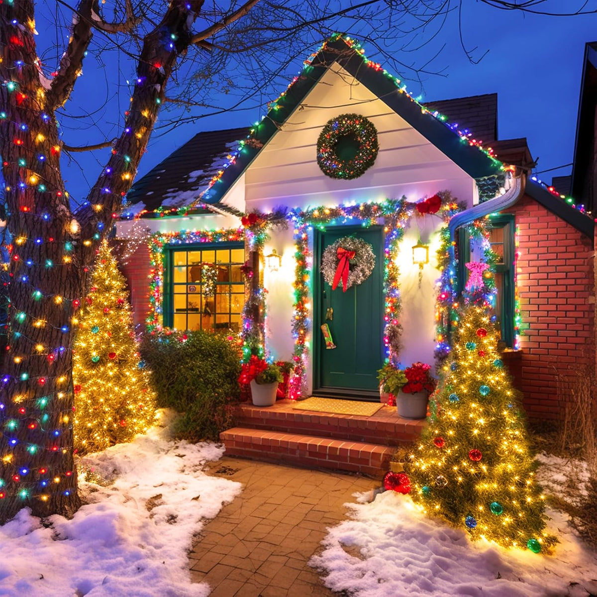 JMEXSUSS 2 Pack Warm White & Multicolor Solar Christmas Lights Outdoor, Each 100 LED 33ft Solar