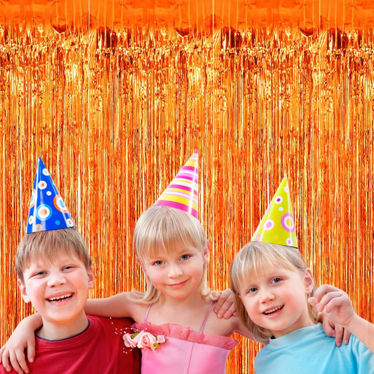 4 Pack Orange Foil Fringe Curtain Backdrop, 3.28Ftx8.2Ft Metallic Tinsel Foil Fringe Streamers