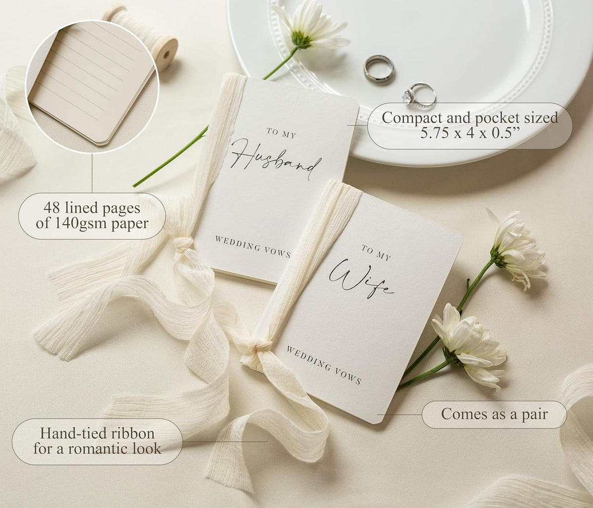 Modern Album Designs White Vow Books with Ribbons (Set of 2) - 5.625 x 4 Minimalist Pocket Sized