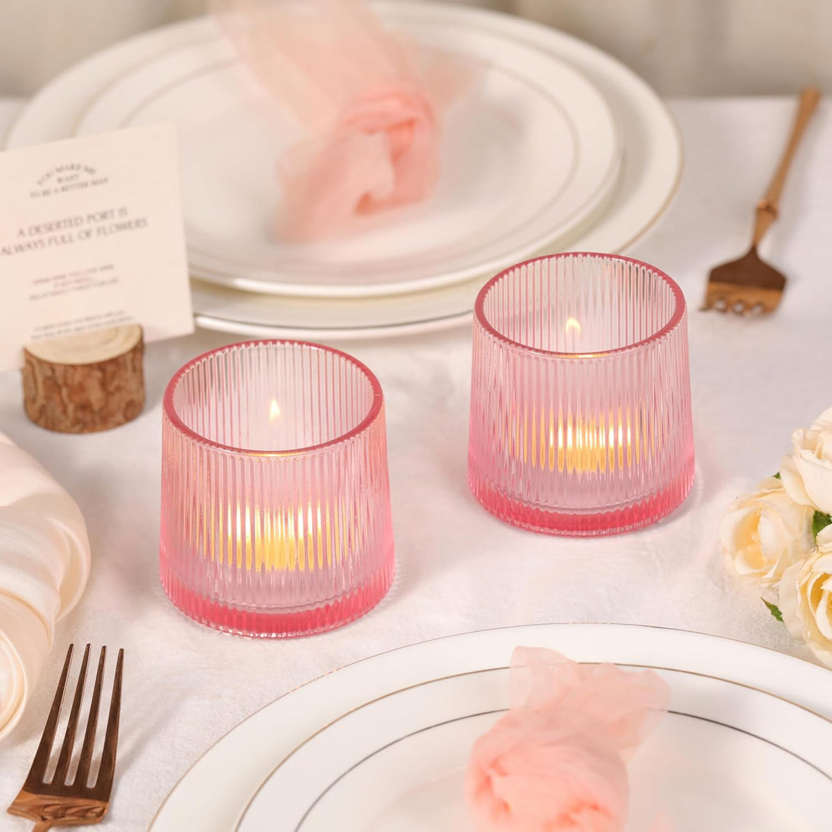 Pink Ribbed Tealight Votive Candle Holders- 6Pack Glass Candle Holders for Table Centerpiece, Home