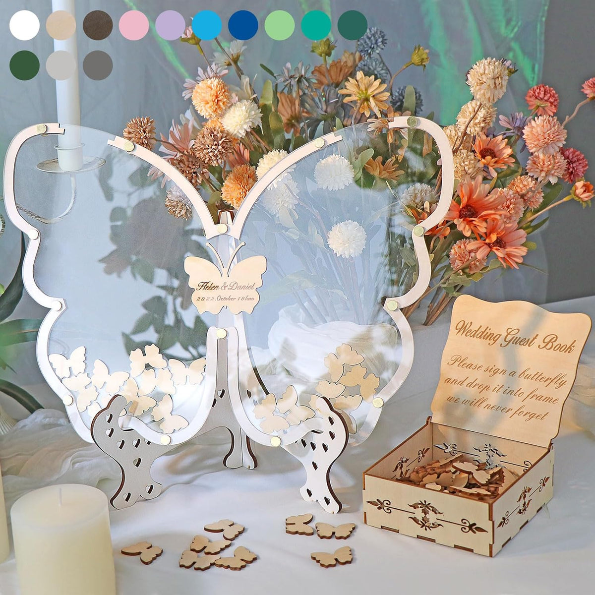 14Colors Butterfly Guest Book Alternativey for 40 Guests to 200 Guests,Rustic Drop Wooden Signs for