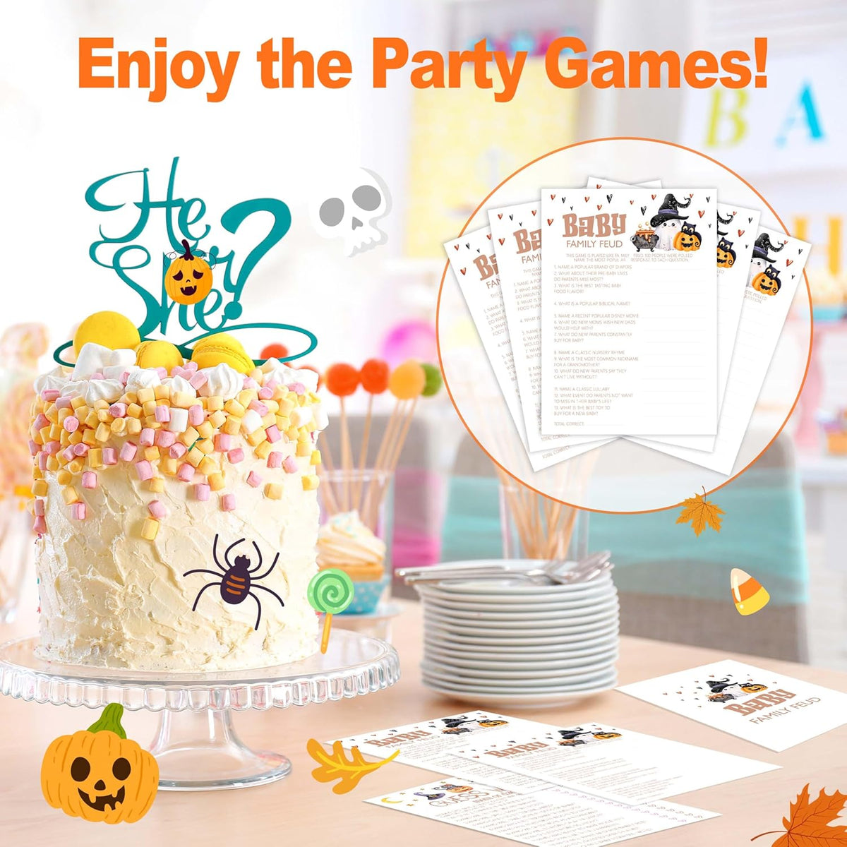 Baby Shower Games, Halloween Baby Family Feud, 25 Double-Sided Game Cards + 1 Answer Card for