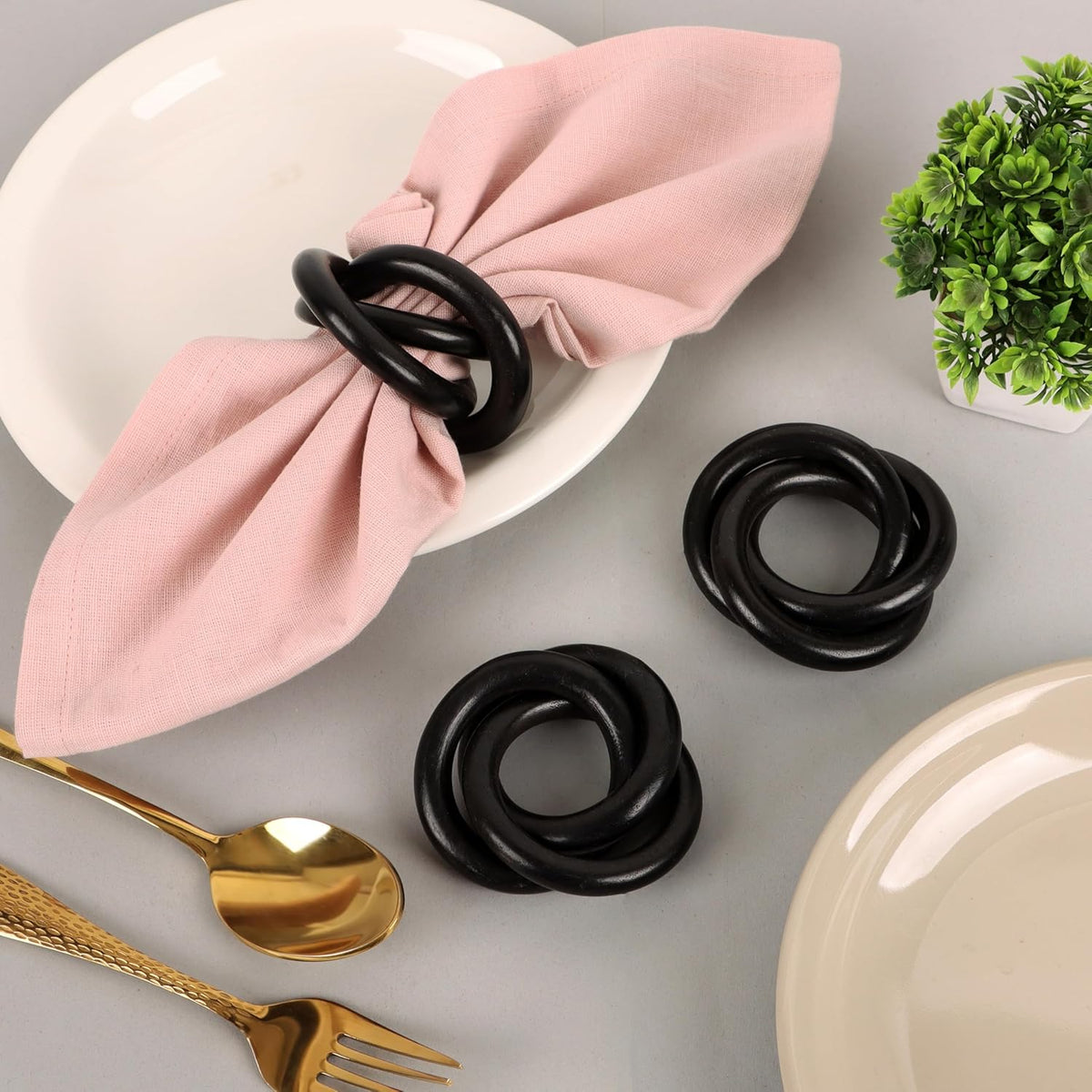 Three Ring Wooden Napkin Rings Set of 12 - Acacia Wood Interlocked Napkin Holder Cuffs for Dinner