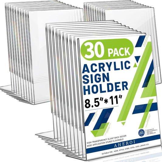 Aheroi Acrylic Sign Holder 8.5 x 11, 30Pcs Plastic Sign Holder 8.5 x 11 Standing, Clear Paper