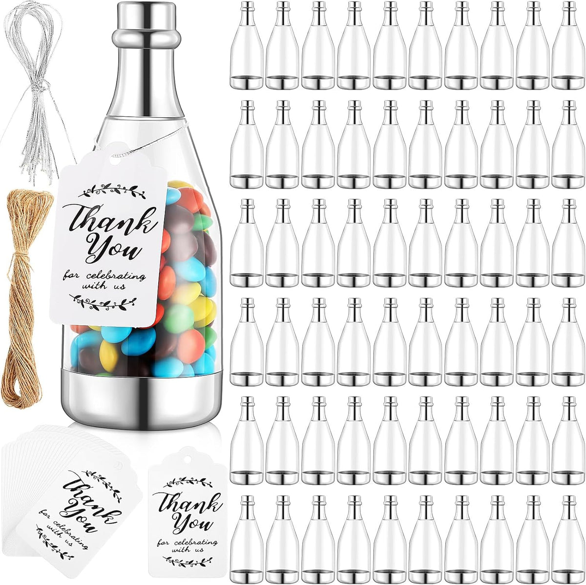 Gerrii 100 Pcs Silver Champagne Bottle Container Set, Mini Champagne Candy Bottles Plastic DIY