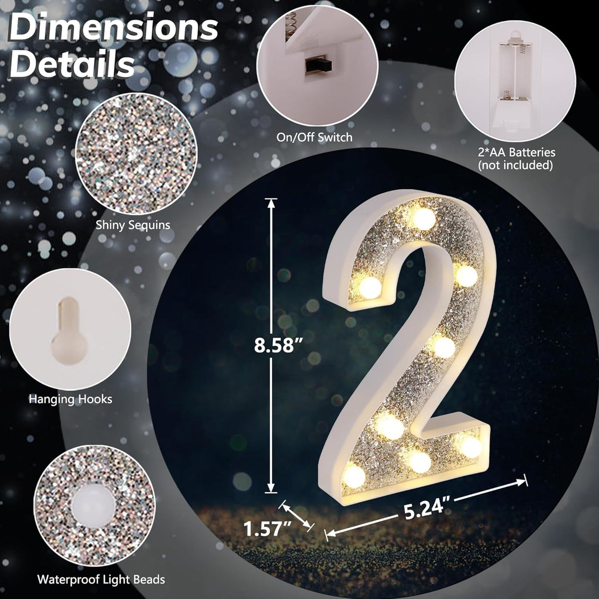 Marquee Light Up Letters, Glitter Silver LED Letter Lights Battery Powered Alphabet Letter Sign for