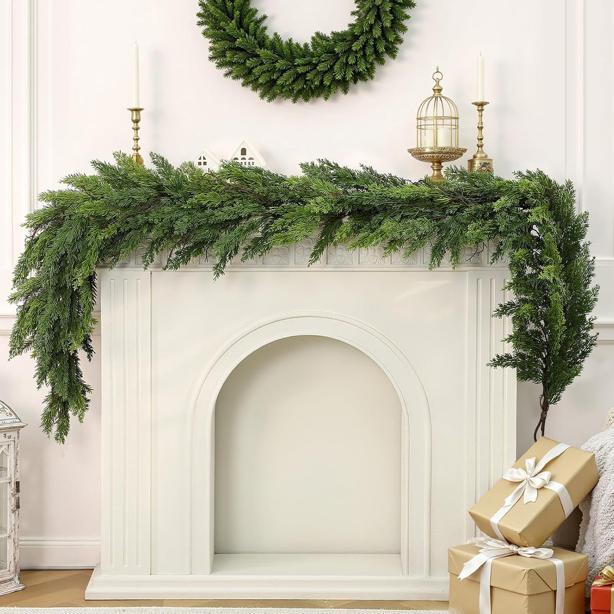 Alupssuc 9FT Christmas Garland, Cedar Garland -Real Touch Artificial Greenery Cypress Pine Garland