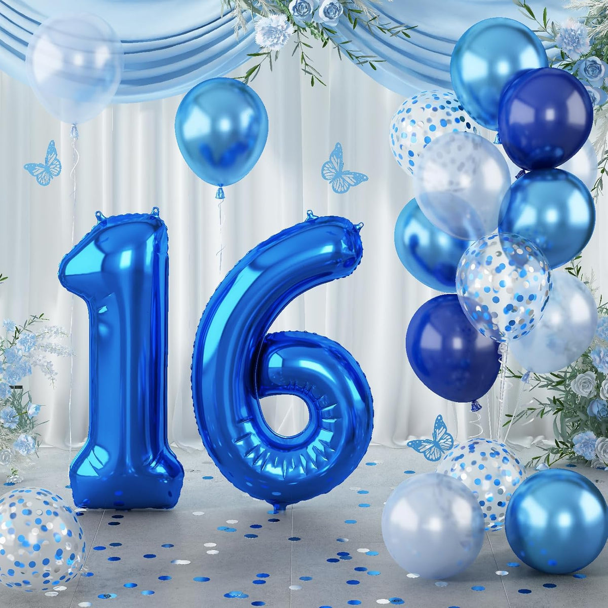 16 Balloon Number Blue, Big Number 16 Balloon Pastel Navy Dark Blue with Metallic Silver Confetti