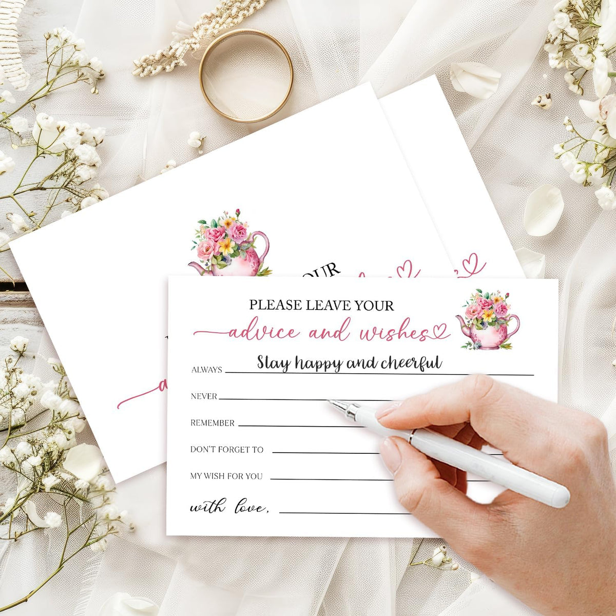25 Advice and Wishes Cards, Floral & Teapot Fill-In Advice Cards for Bridal Shower Wedding Birthday