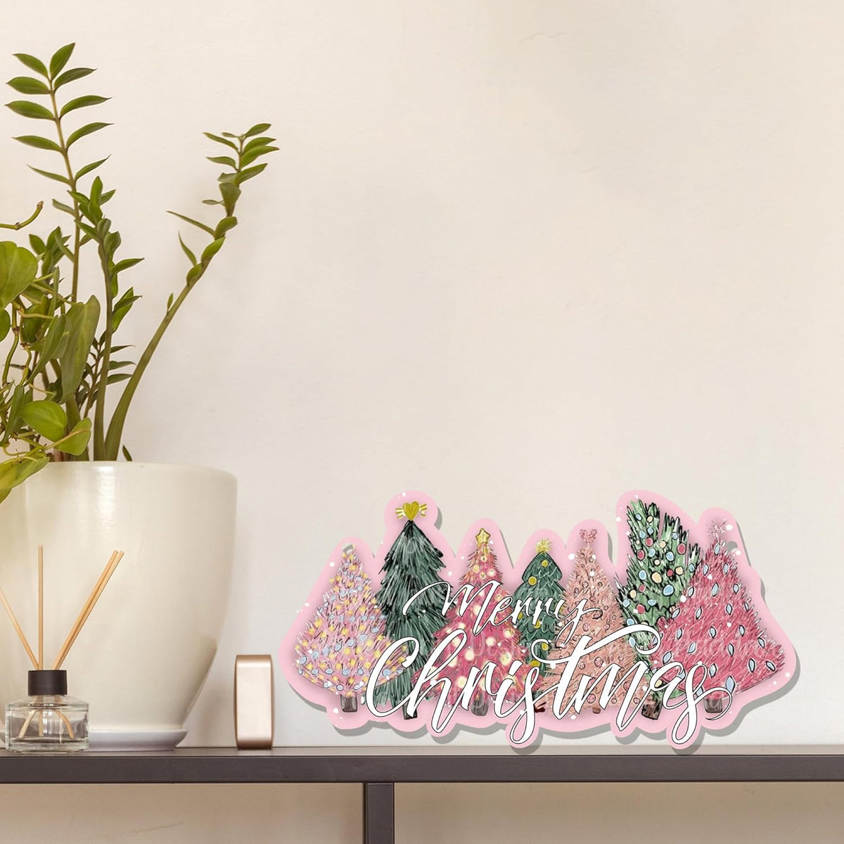 CGBHW Pink and Green Christmas Tree Wooden Sign, Merry Christmas Decoration Hanging Sign Wall