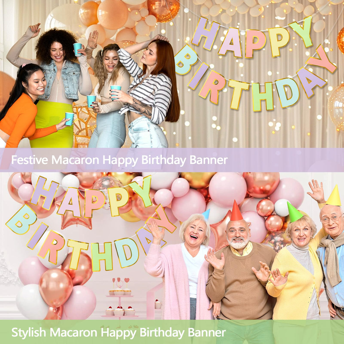 LITAUS Pre-Strung Happy Birthday Banner - Pastel Macaron Party Decorations